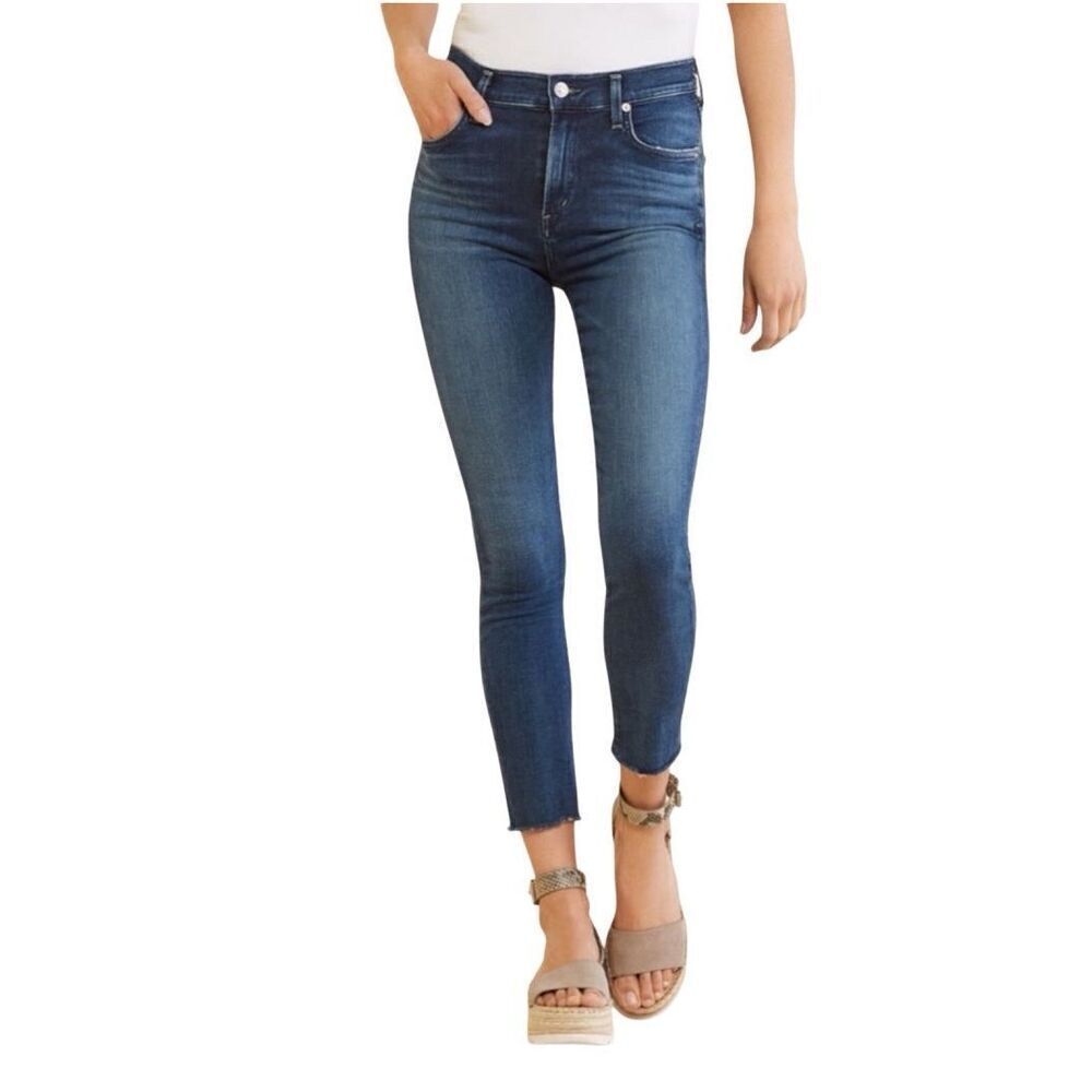 Agolde Blue Denim Stretch Raw Hem Sophie Crop Skinny Jeans Medium Wash Size 25